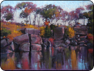 pastel painting, autumn landscape, trees, rocks